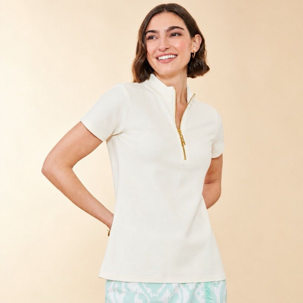 Spartina 449 Serena Short Sleeve Half-Zip Pique Cream Top M
